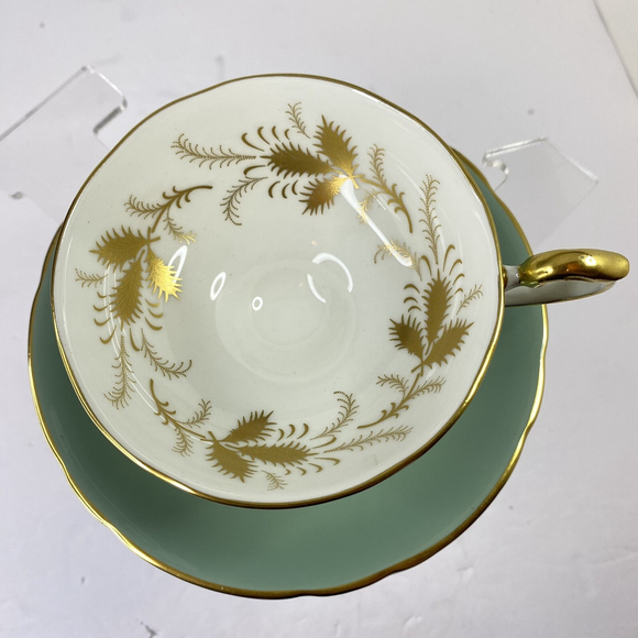 Sage Green Pedestal with Gold Leaf Design Aynsley Tea Cup and Saucer Set - Picture 4 of 13